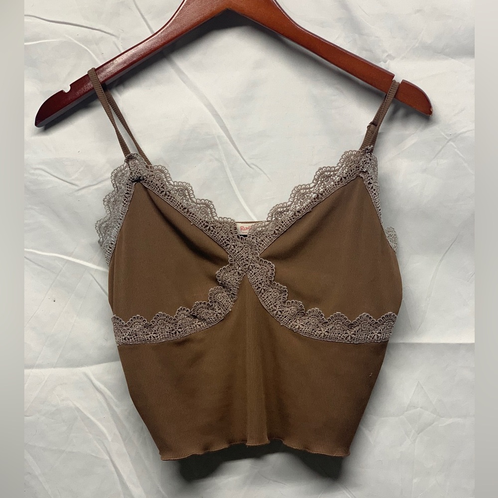 ROMWE brown lace trim cropped cami top SIZE: L, US 8/10, EUR 40/42